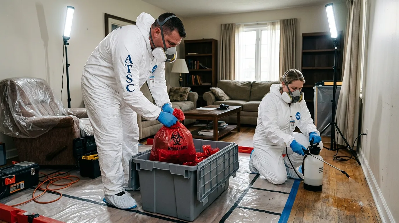 Professional Biohazard Cleanup technician in full PPE working in East Alton
